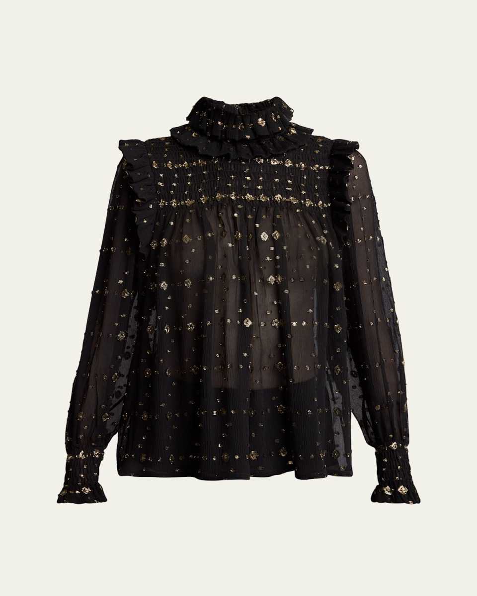 Smocked Sheer High Neck Embroidered Blouse